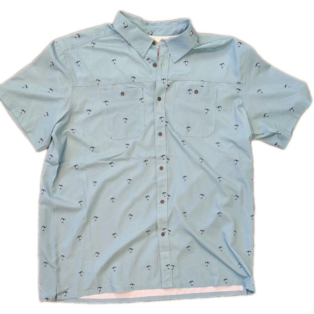 Lake & Trail Men XL Short Sleeve Shirt All Over Fish Print Teal Button Up Collar